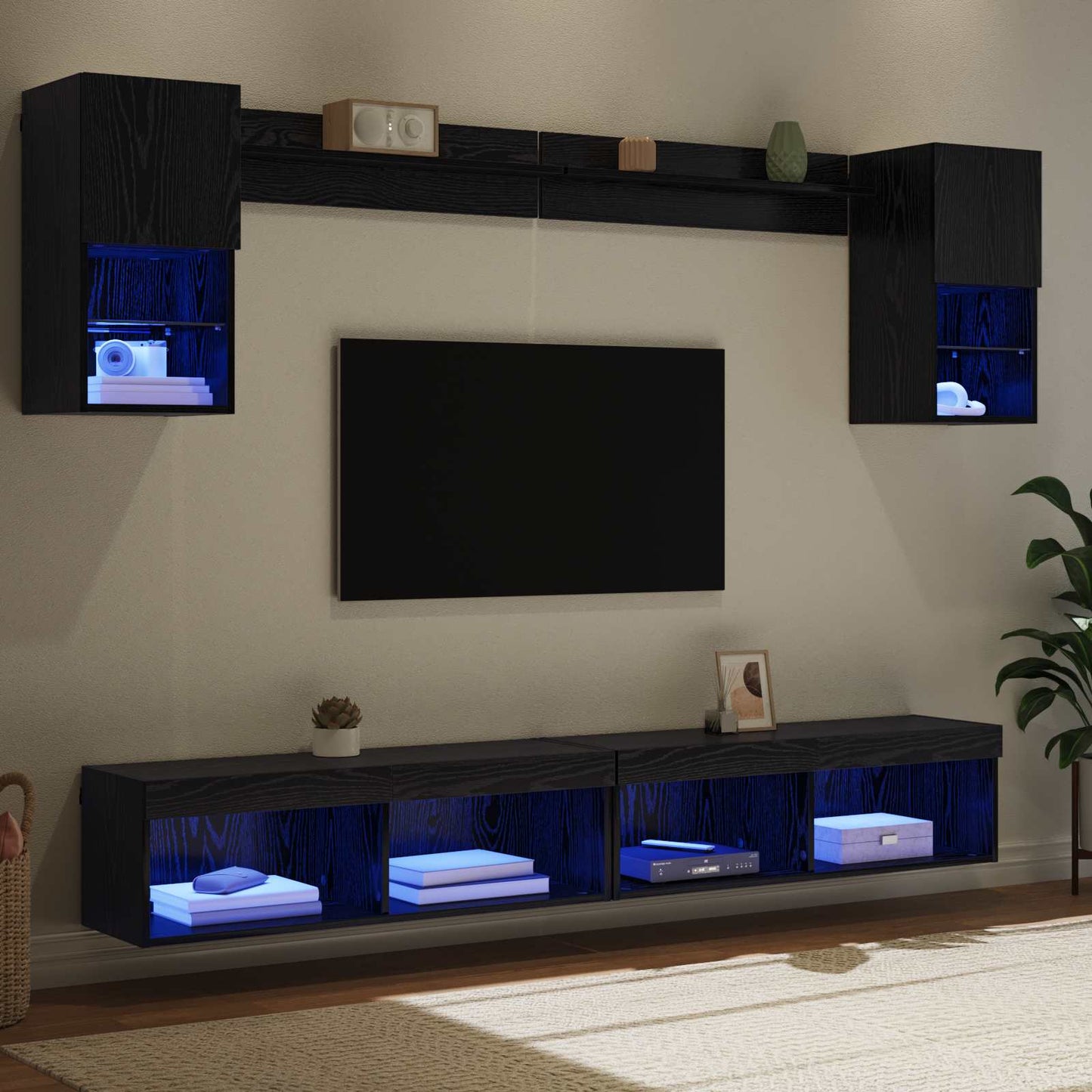 TV-väggenheter med LED med led 6 pcs Svart Ek Konstruerat trä