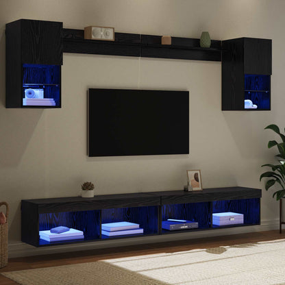 TV-väggenheter med LED med led 6 pcs Svart Ek Konstruerat trä