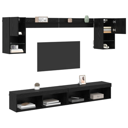 TV-väggenheter med LED med led 6 pcs Svart Ek Konstruerat trä