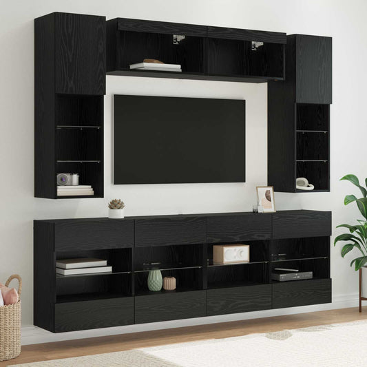 TV väggskåp set med led 6 pcs Svart Ek Konstruerat trä