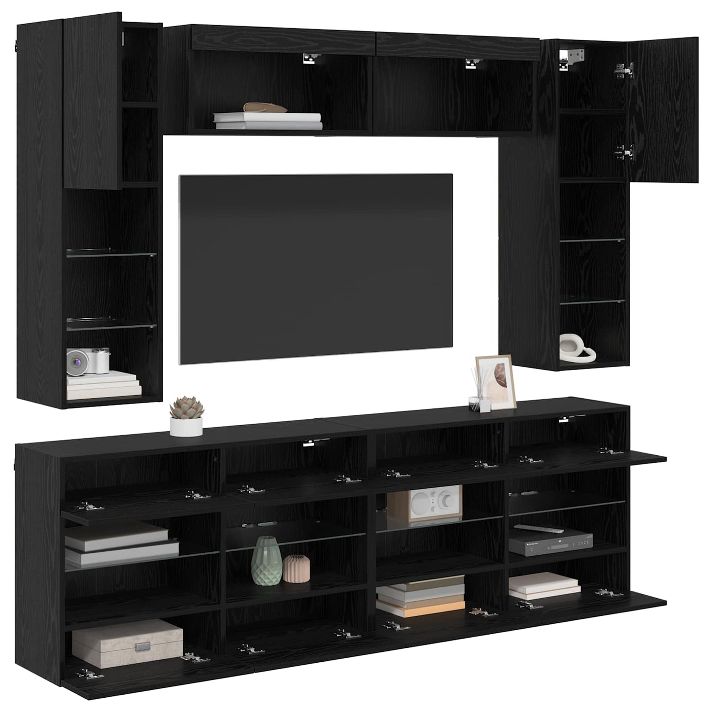 TV väggskåp set med led 6 pcs Svart Ek Konstruerat trä