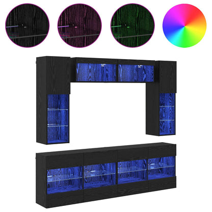 TV väggskåp set med led 6 pcs Svart Ek Konstruerat trä