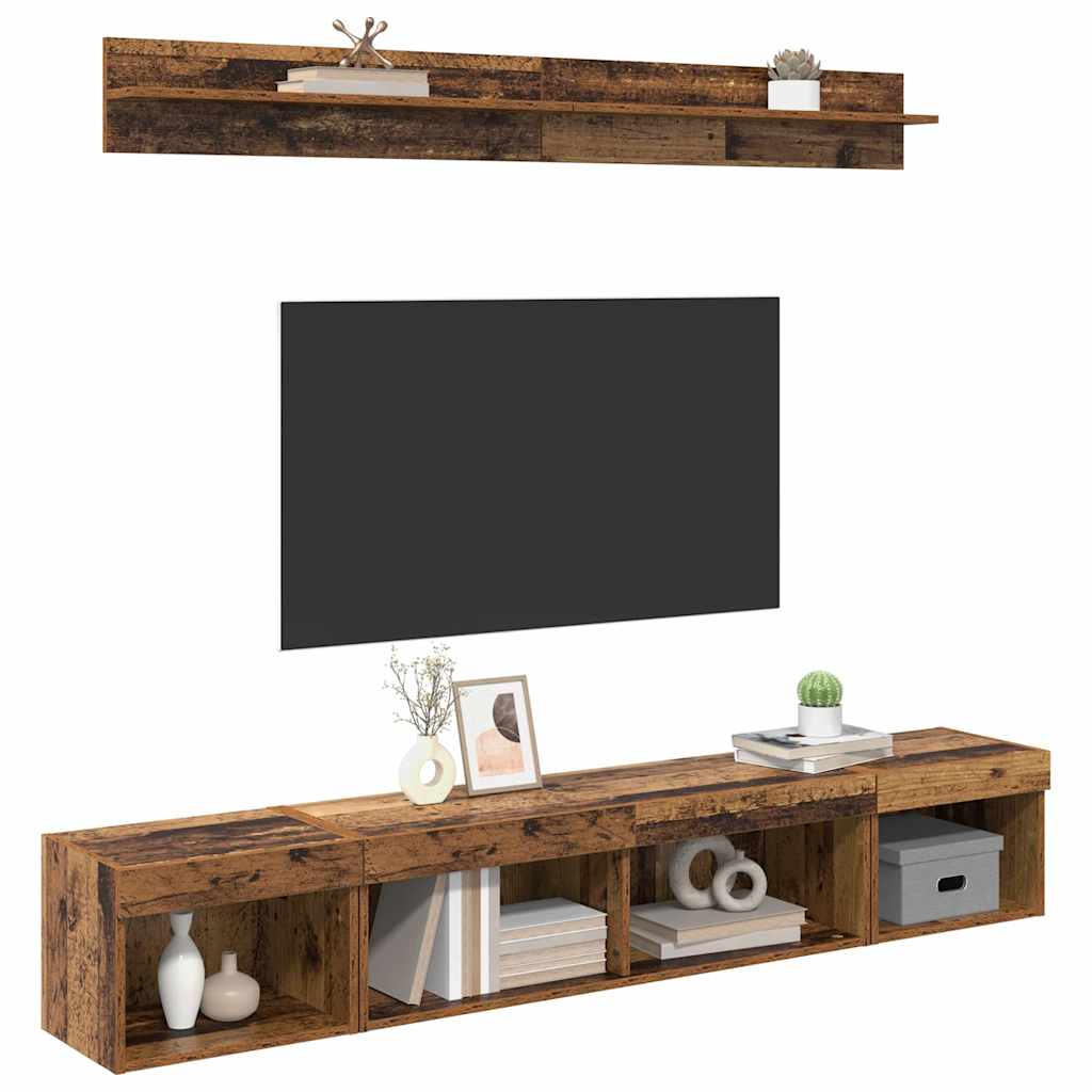 TV väggskåp set med led 5 pcs Gammalt trä Konstruerat trä