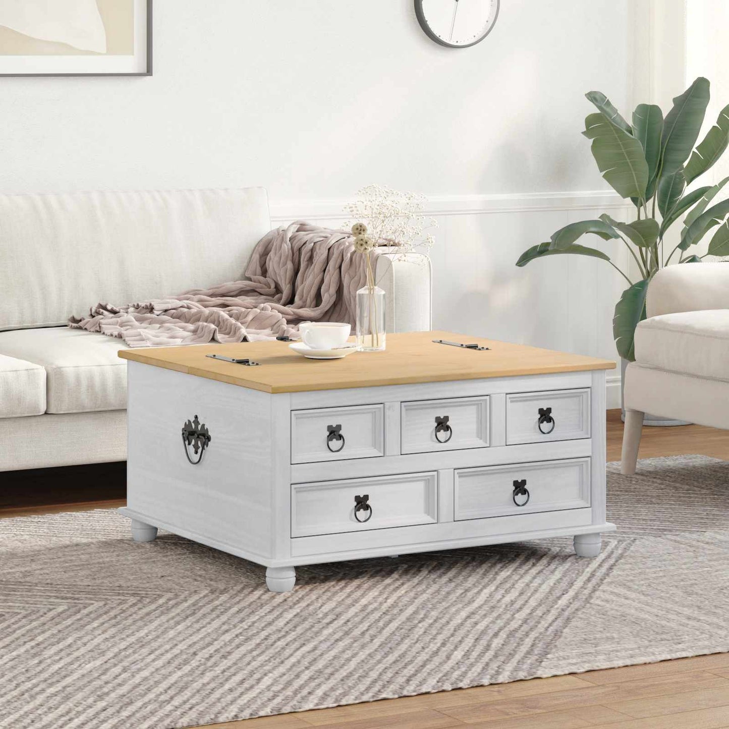 Soffbord Vit med låda med hylla 90 x78 x 45 cm Massiv furu