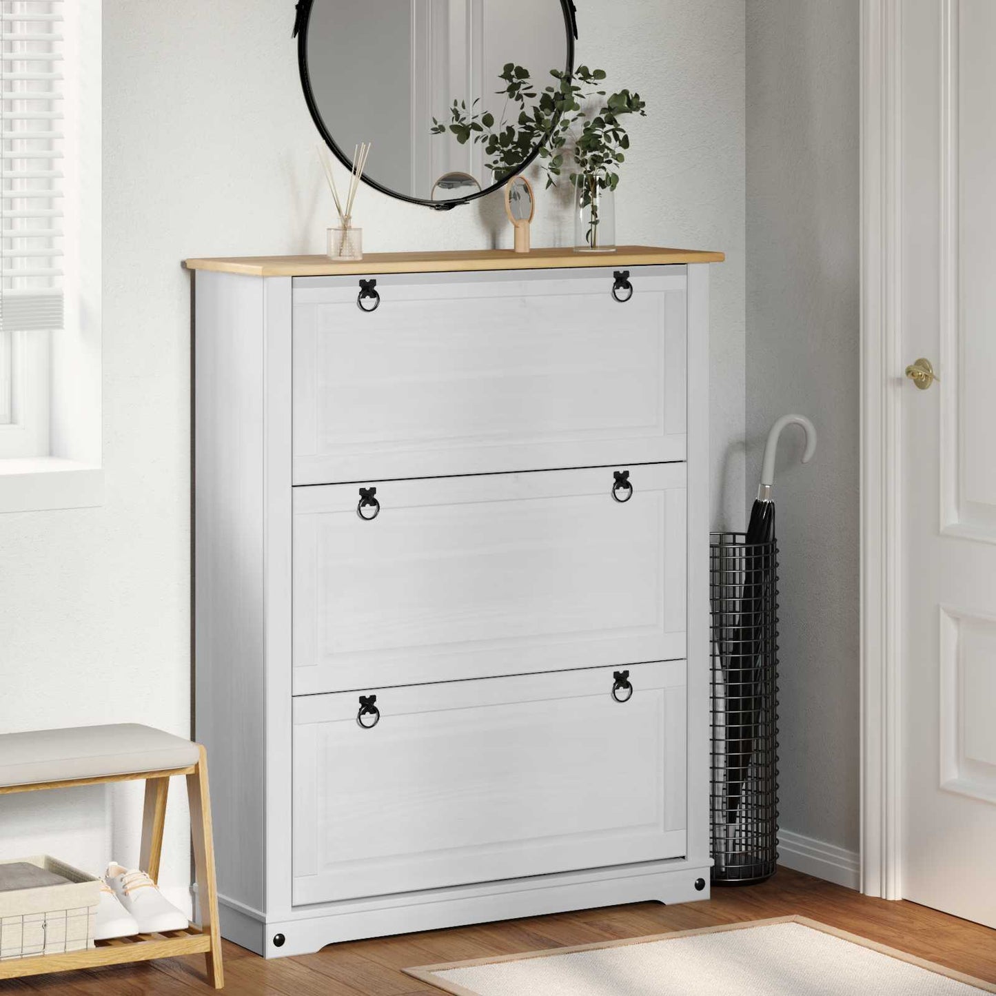 Skoställ Vit Skoskåp med låda Corona 99 x 32 x 122 cm Massiv furu