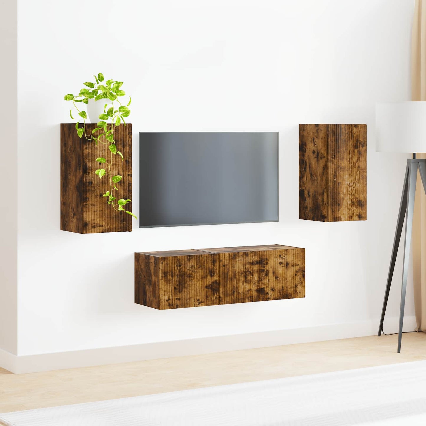 TV väggskåp set Väggmonterad 4 pcs Rökt ek Konstruerat trä