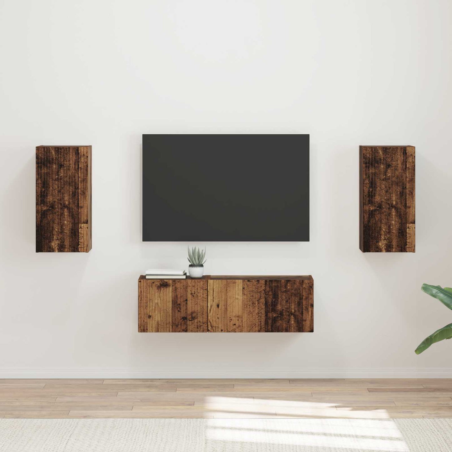 TV väggskåp set Väggmonterad 4 pcs Gammalt trä Konstruerat trä