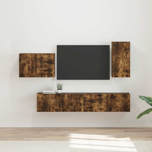 TV väggskåp set Väggmonterad 4 pcs Rökt ek Konstruerat trä
