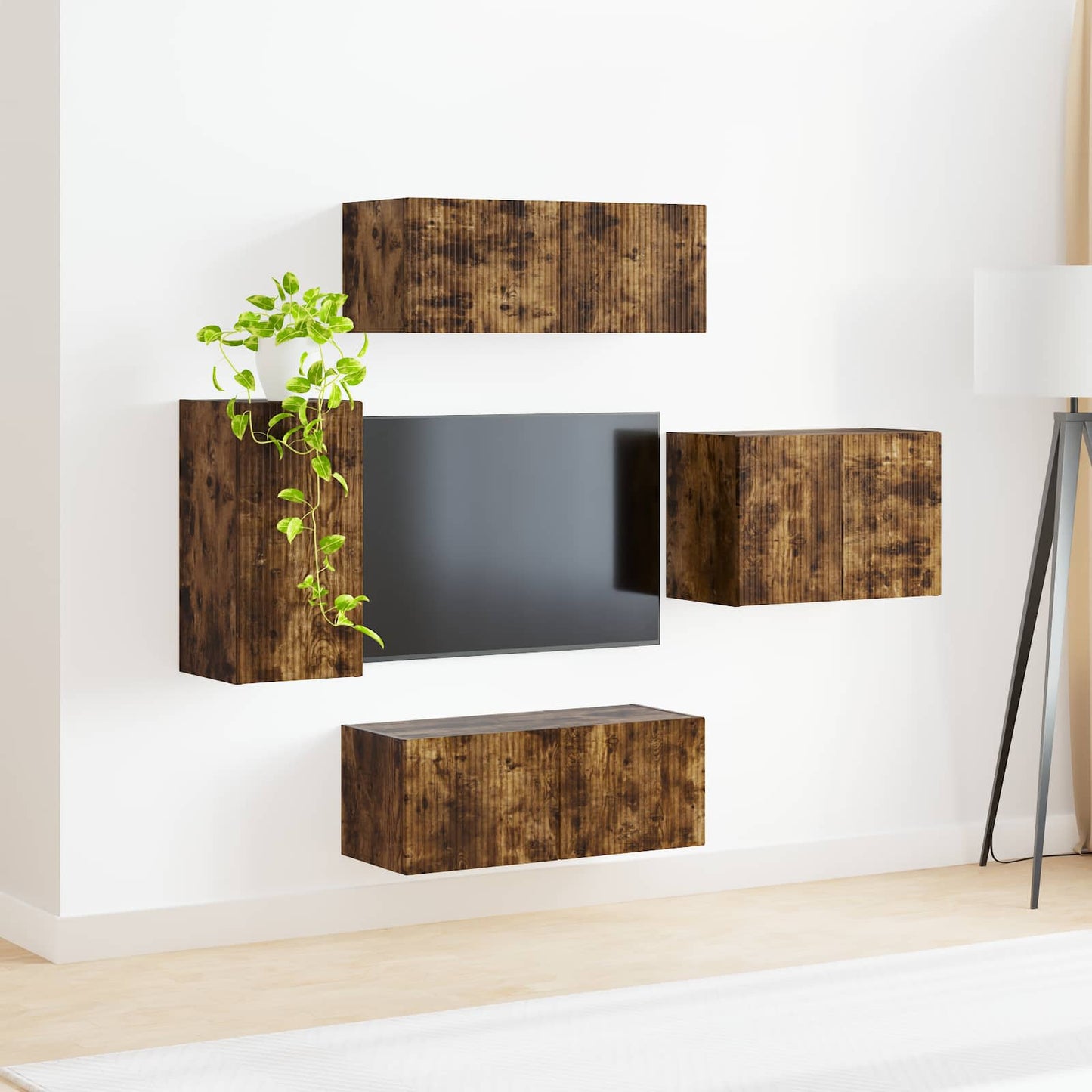 TV väggskåp set Väggmonterad 4 pcs Rökt ek Konstruerat trä