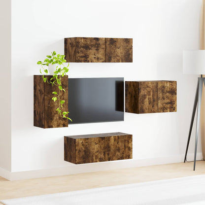 TV väggskåp set Väggmonterad 4 pcs Rökt ek Konstruerat trä
