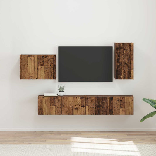 TV väggskåp set Väggmonterad 4 pcs Gammalt trä Konstruerat trä