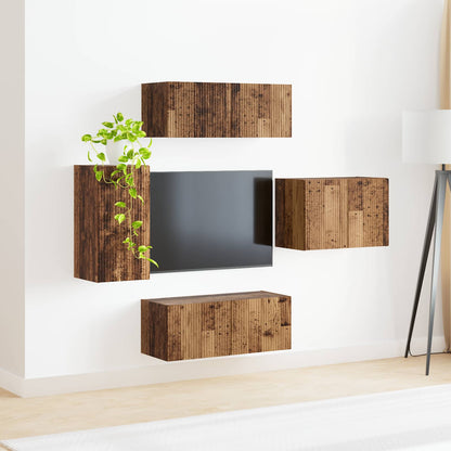 TV väggskåp set Väggmonterad 4 pcs Gammalt trä Konstruerat trä