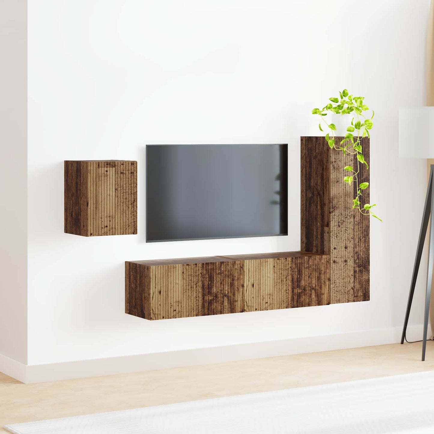 TV-bänkset Väggmonterad 4 pcs Gammalt trä Konstruerat trä