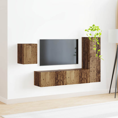 TV-bänkset Väggmonterad 4 pcs Gammalt trä Konstruerat trä