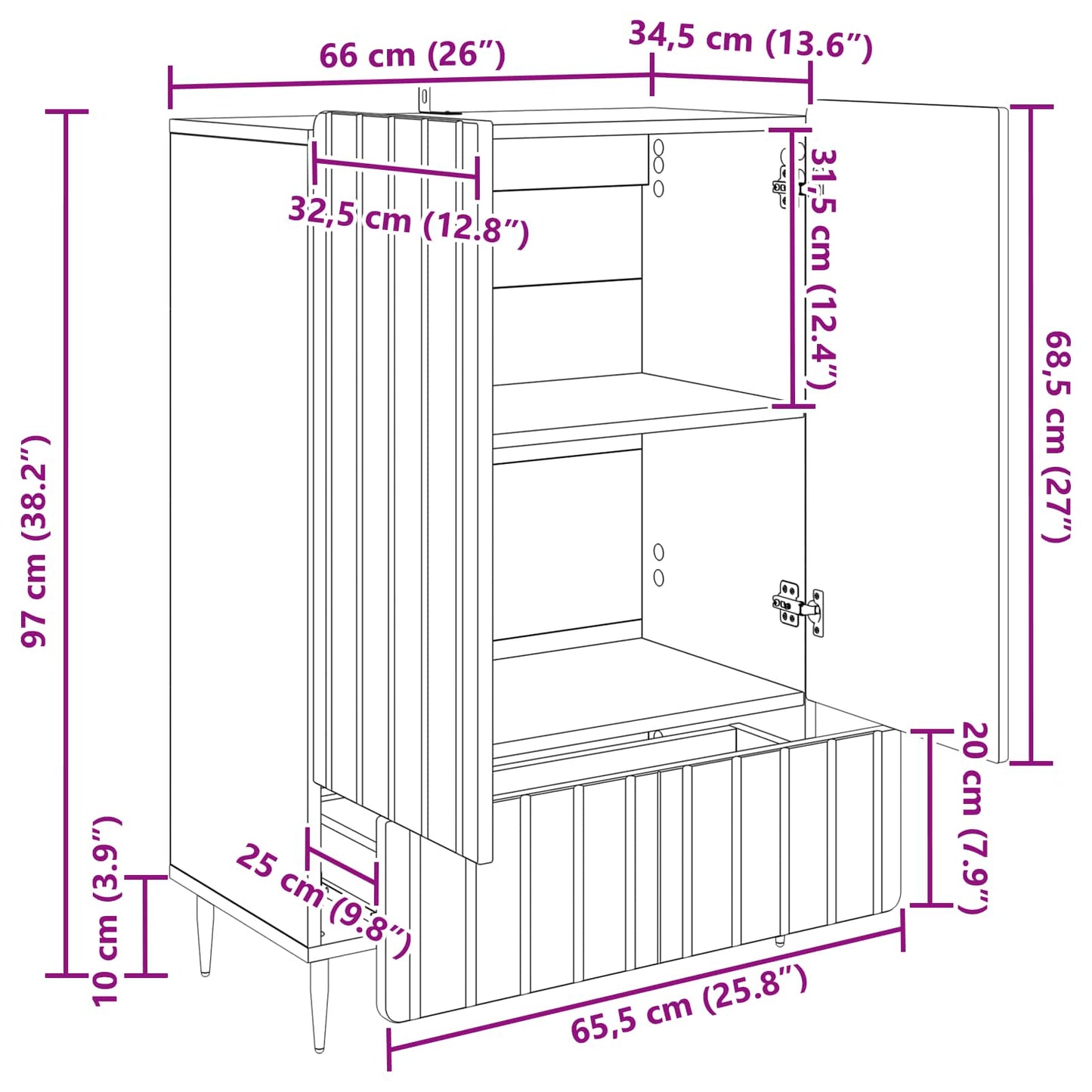 Sideboard med låda Svart 66 x 34,5 x 97 cm Konstruerat trä