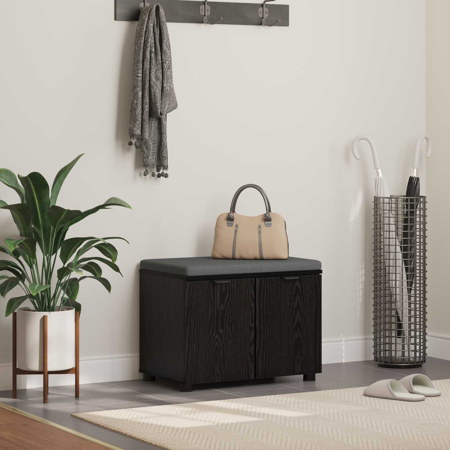 Hallbänk Svart Ek 60 x 38 x 46 cm och Tyg