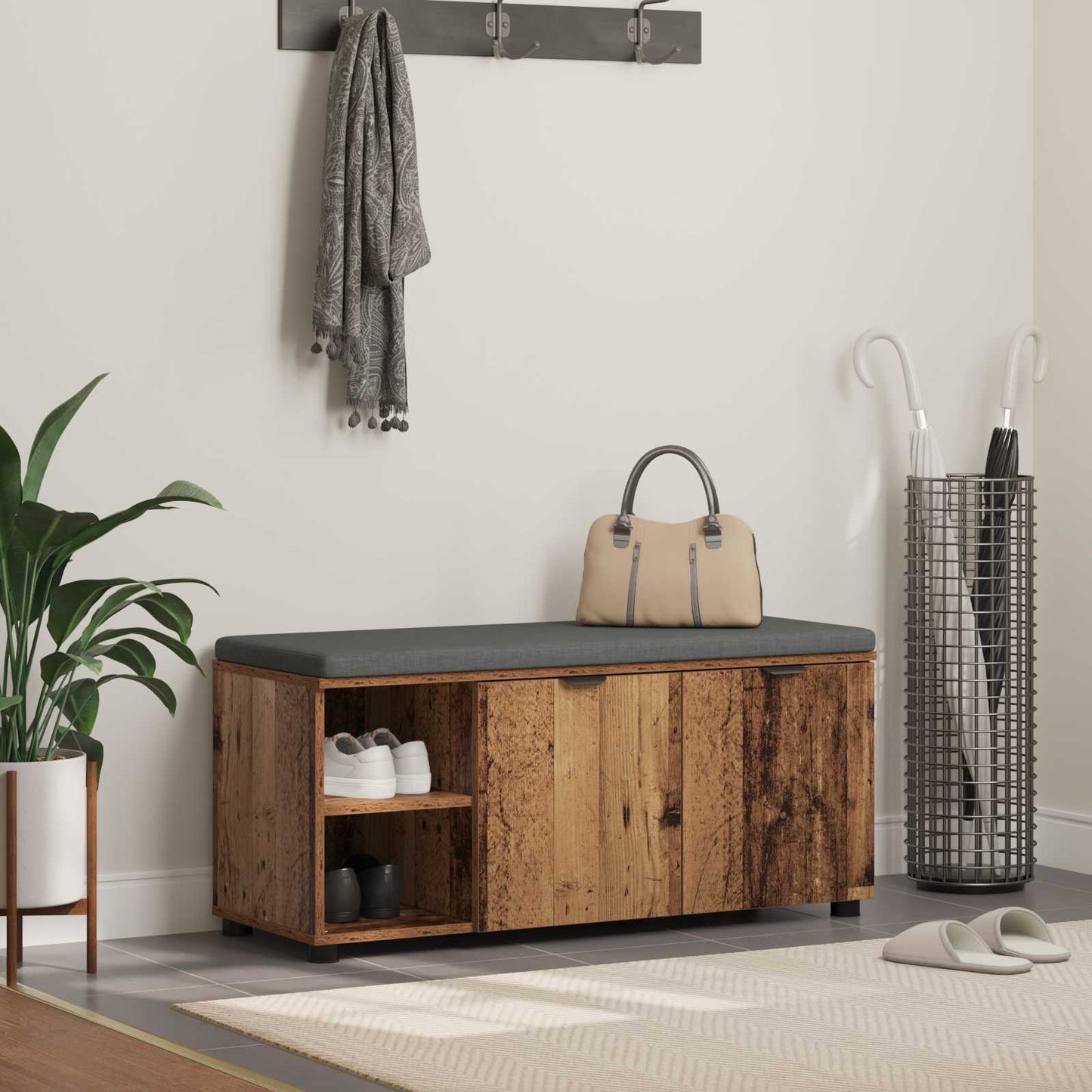 Hallbänk Gammalt trä 100 x 38 x 46 cm Konstruerat Trä och Tyg
