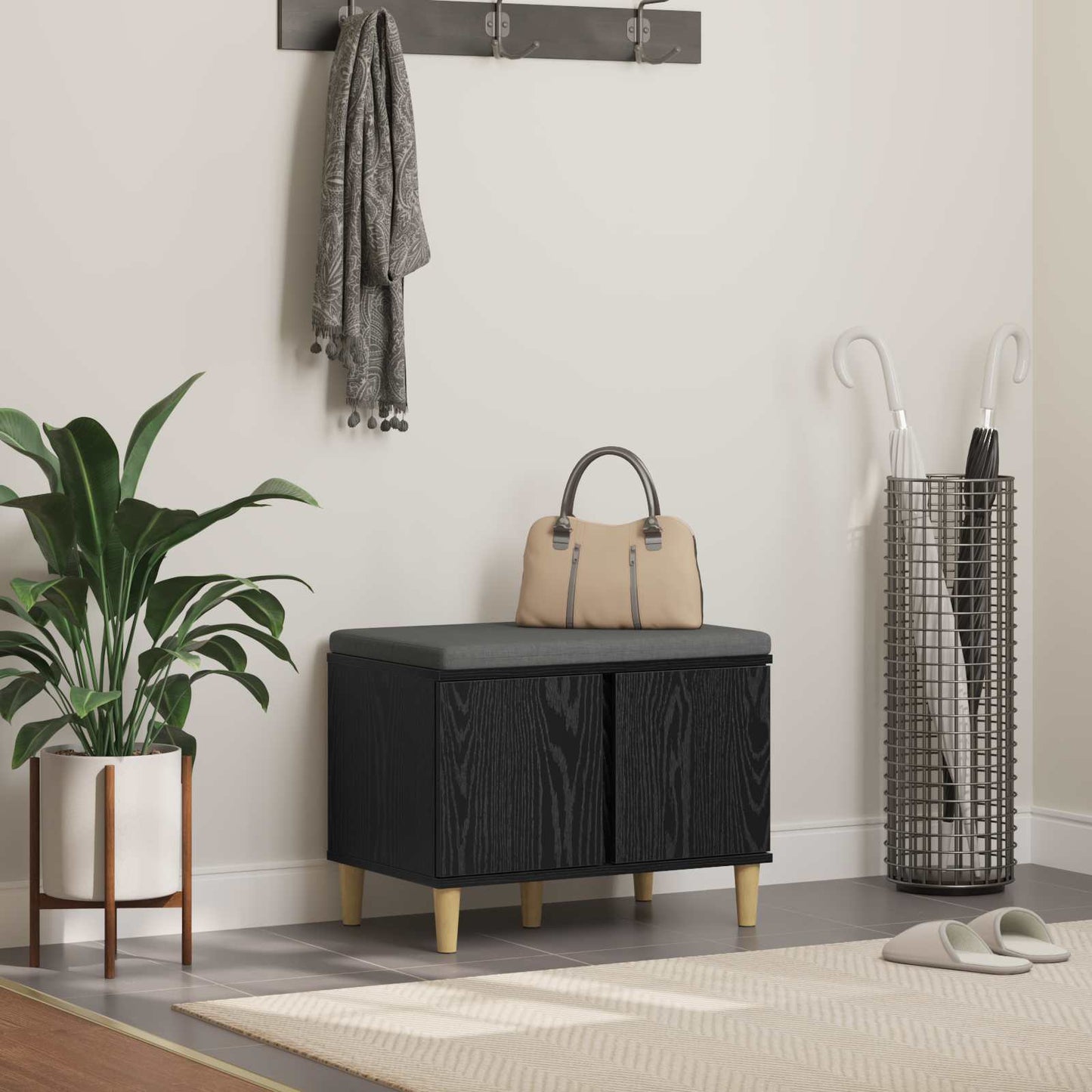 Hallbänk Svart Ek 60 x 38 x 46 cm och Tyg