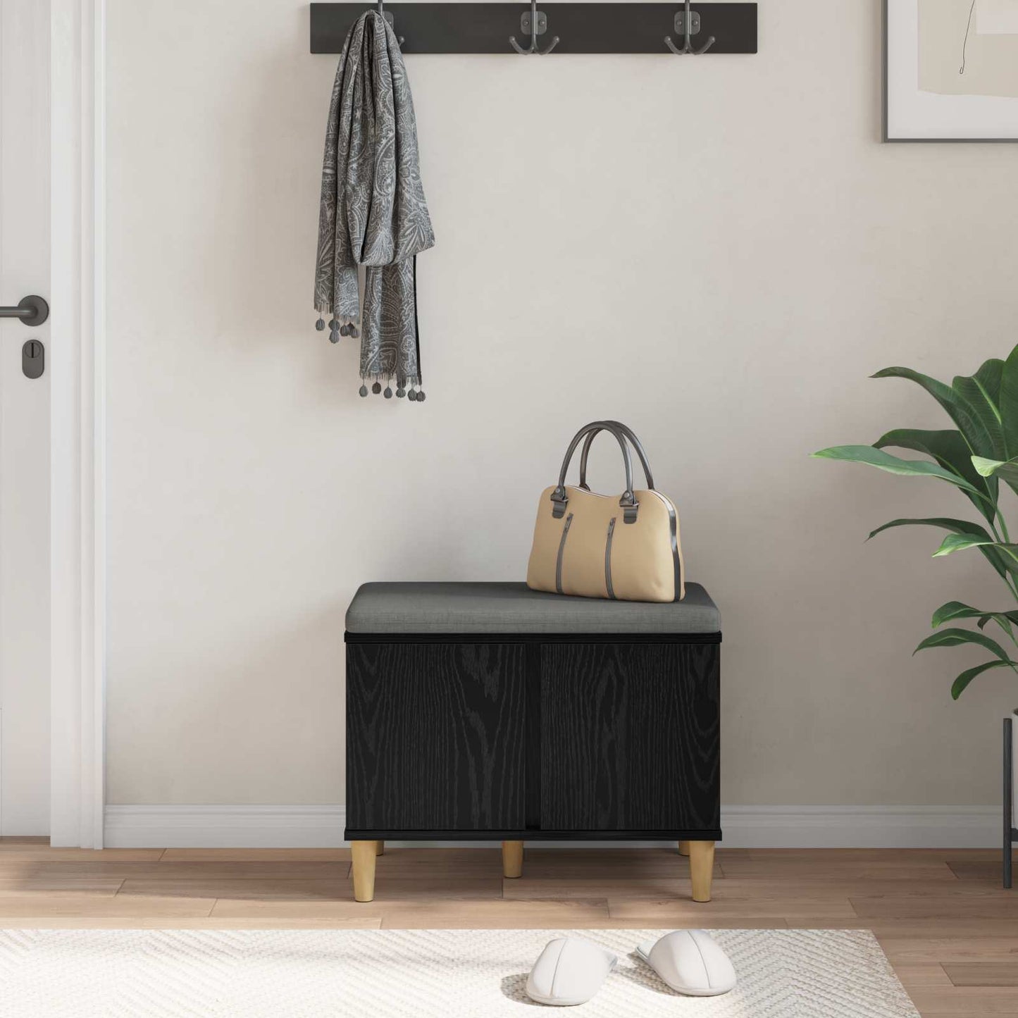 Hallbänk Svart Ek 60 x 38 x 46 cm och Tyg