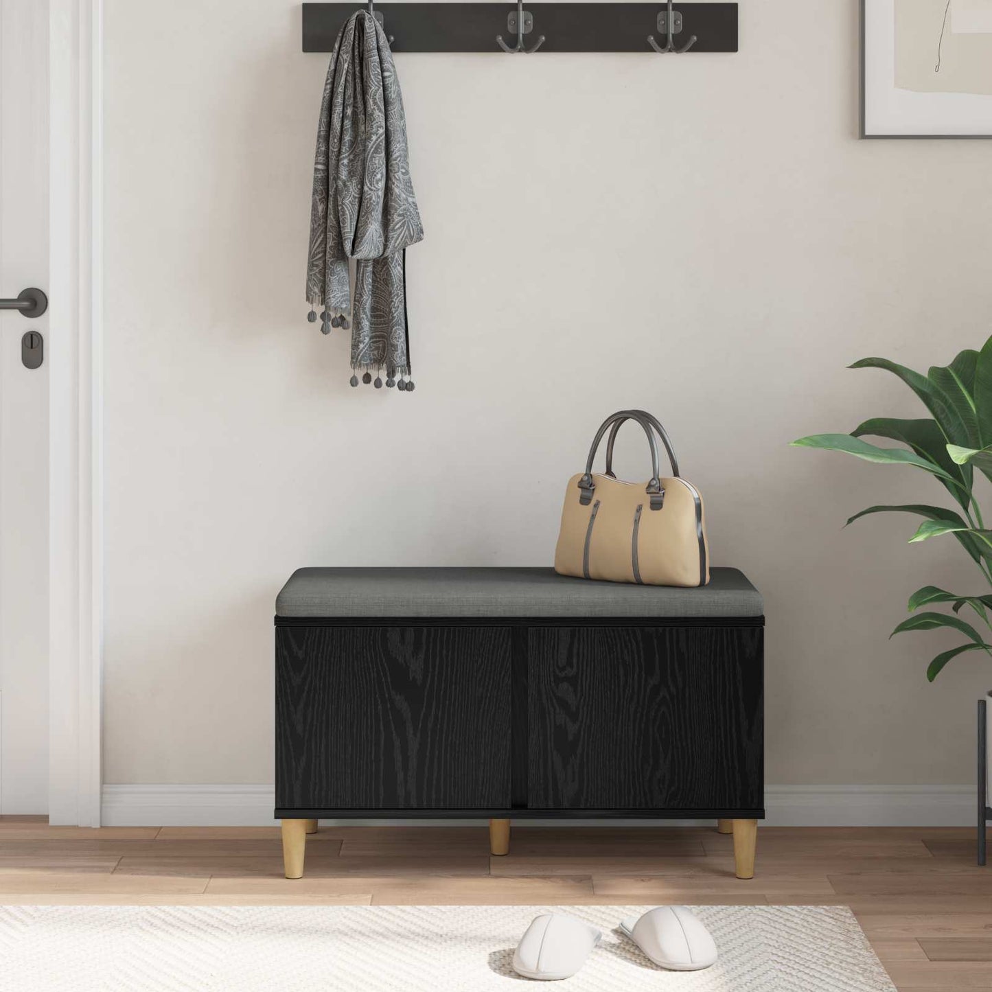 Hallbänk Svart Ek 80 x 38 x 46 cm och Tyg