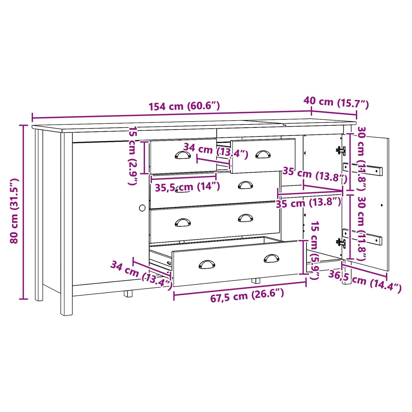 Sideboard HILL Honung brun 154 x 40 x 80 cm Massivt furu