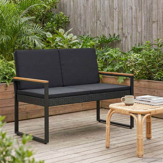 Utomhusbänk med kudde Svart 107 x 61 x 80 cm konstrotting