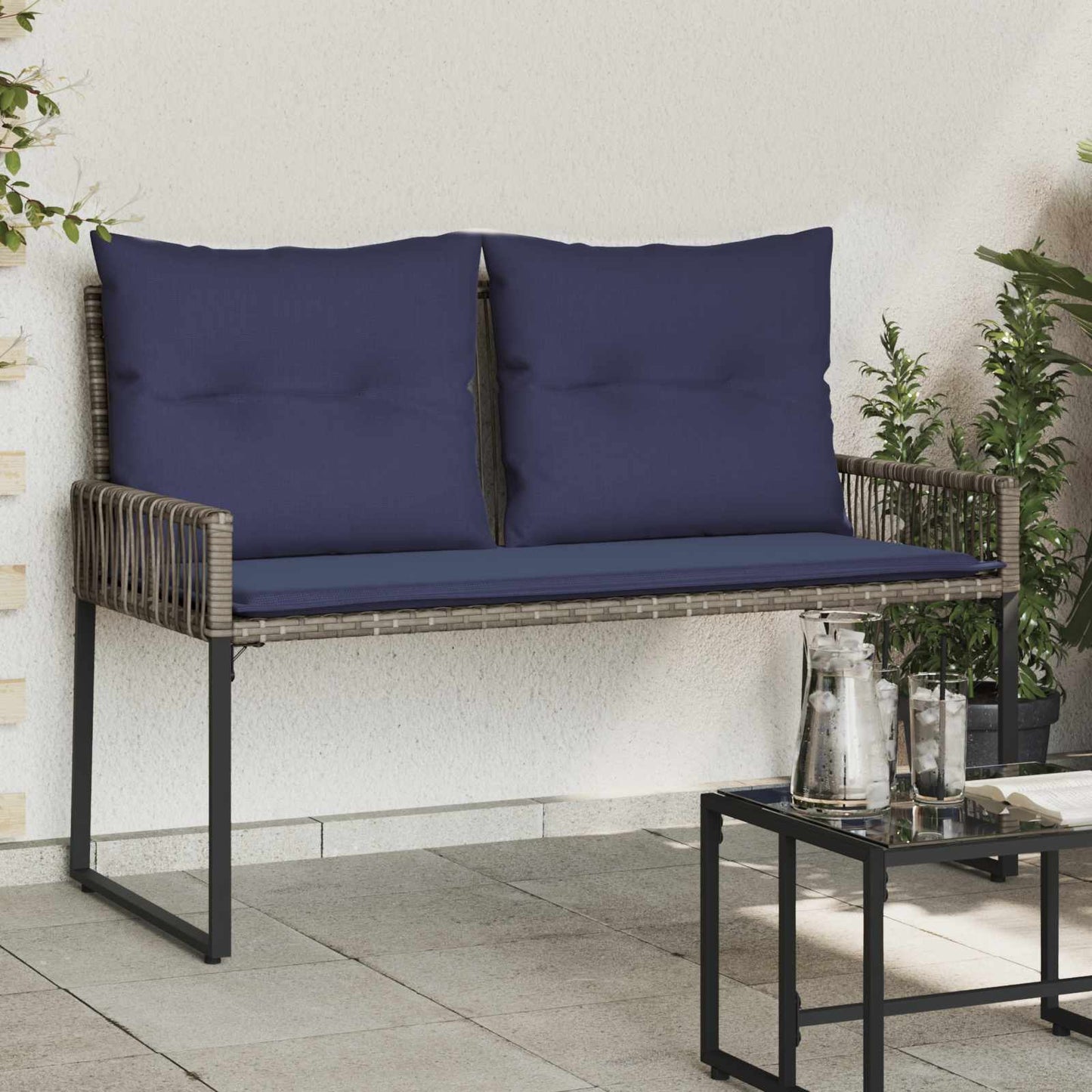 Utomhusbänk med kudde 4 pcs Grå och Marinblå konstrotting