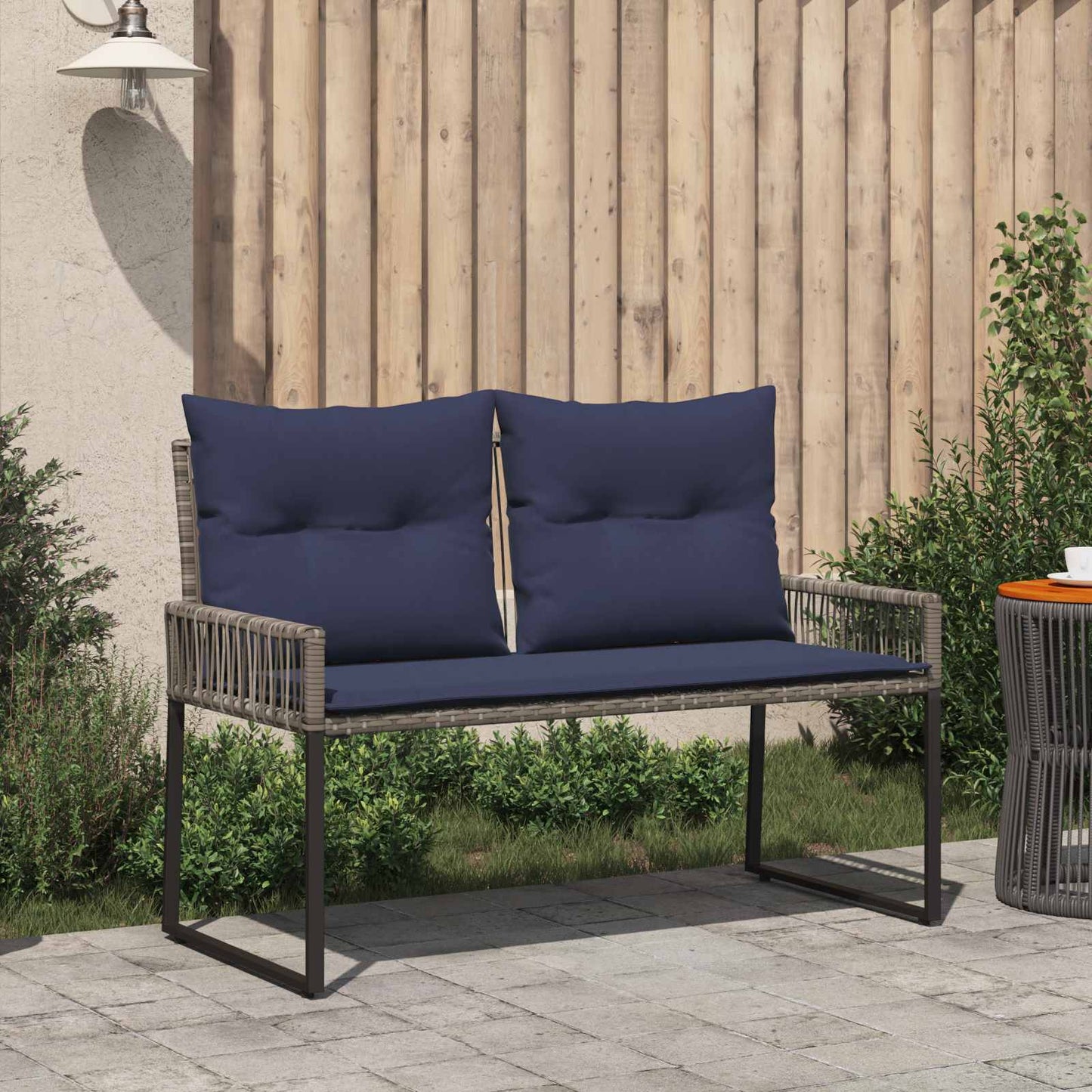 Utomhusbänk med kudde 4 pcs Grå och Marinblå konstrotting