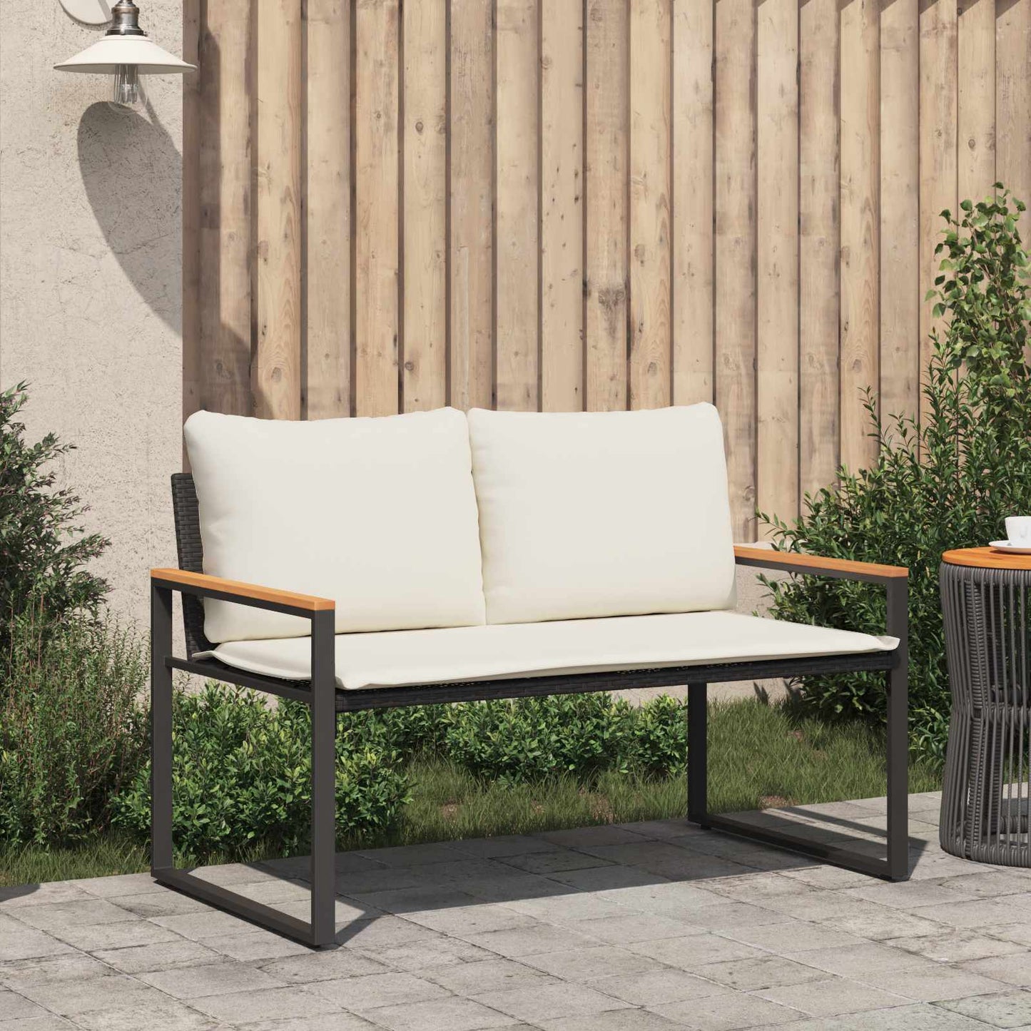 Trädgårdsbänk Konstrotting med kudde Svart och krämvit 115 x 65 x 72 cm