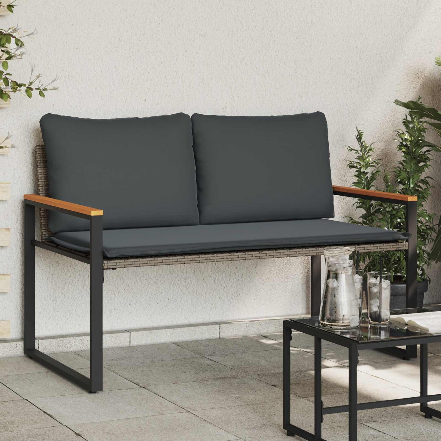 Trädgårdsbänk Konstrotting med kudde Grå och mörkgrå 115 x 65 x 72 cm