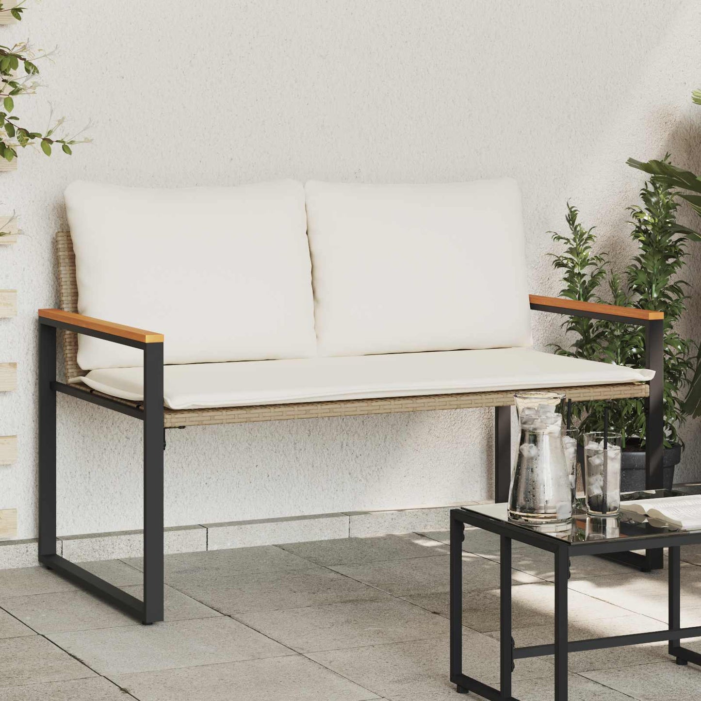 Trädgårdsbänk Konstrotting med kudde Beige och krämvit 115 x 65 x 72 cm