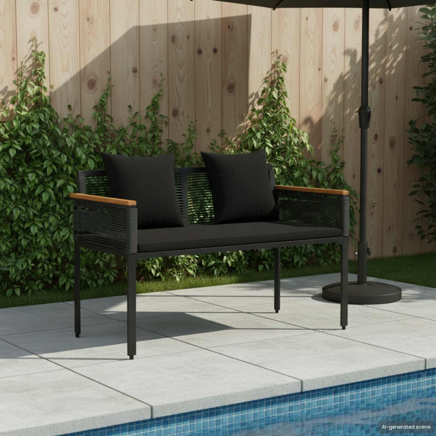 Trädgårdsbänk Konstrotting med kudde Svart 117 x 54 x 74.5 cm