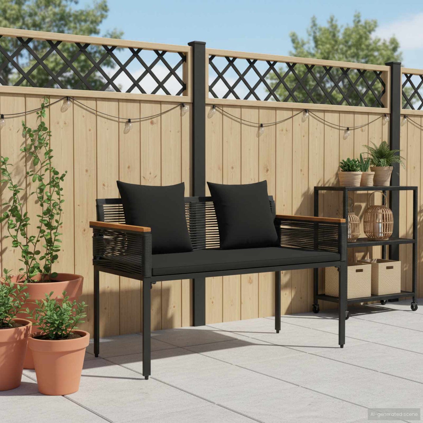 Trädgårdsbänk Konstrotting med kudde Svart 117 x 54 x 74.5 cm