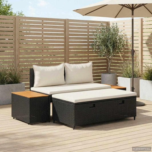 Utomhussoffset 4 pcs Svart och krämvit Poly Rattan och Akacia