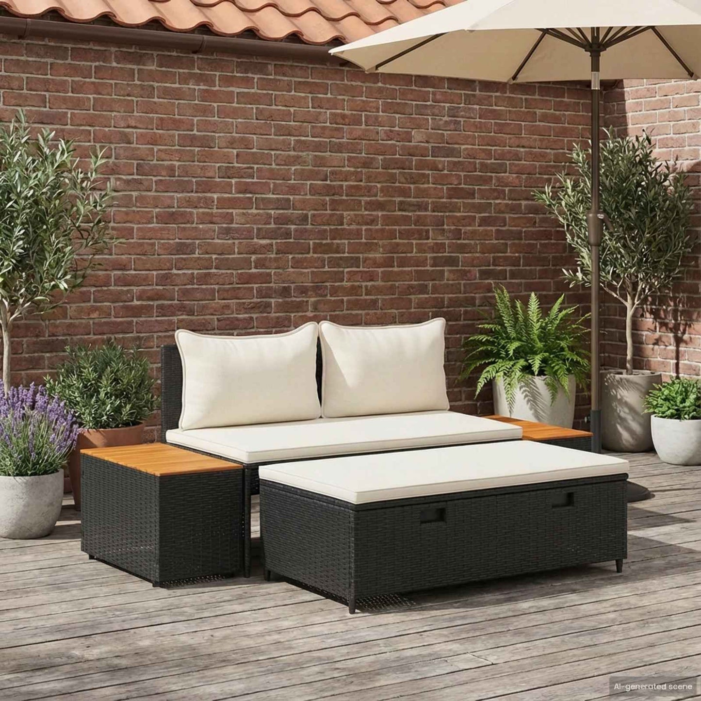 Utomhussoffset 4 pcs Svart och krämvit Poly Rattan och Akacia