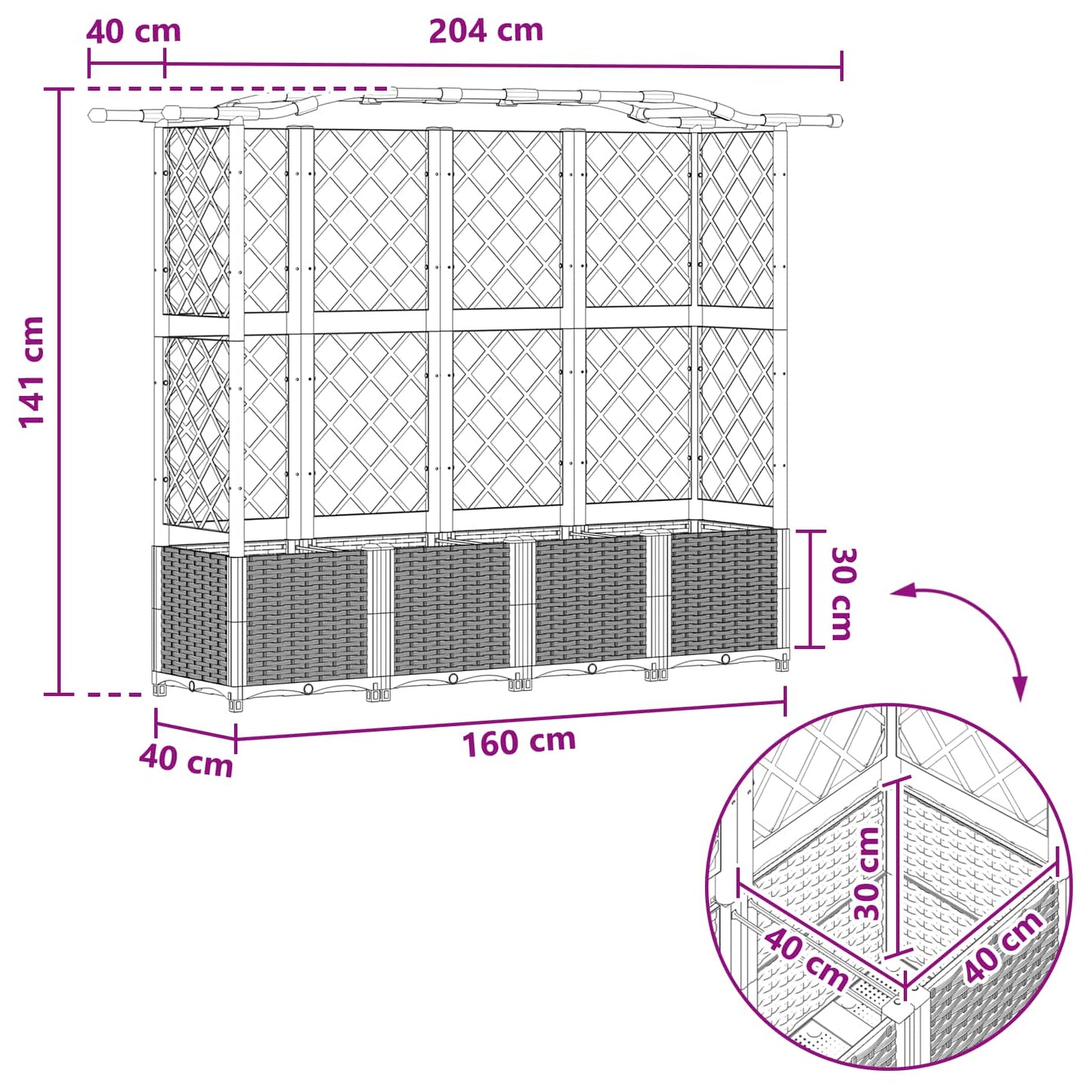 Upphöjd Bädd med Spaljé och Tak Svart 204 x 40 x 141 cm PP