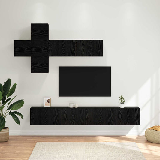TV-bänkset Väggmonterad 7 pcs Svart ek Konstruerat trä