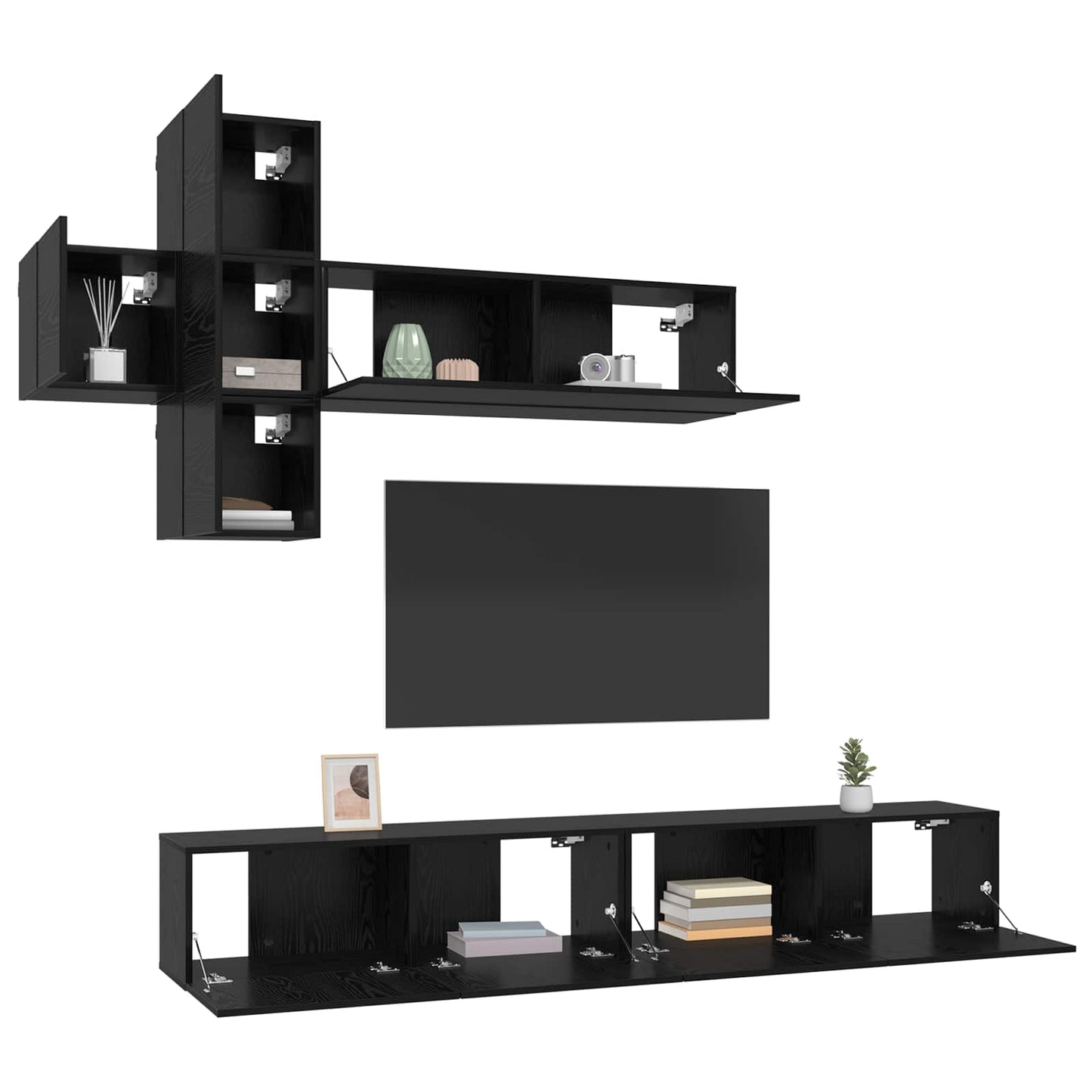 TV-bänkset Väggmonterad 7 pcs Svart ek Konstruerat trä