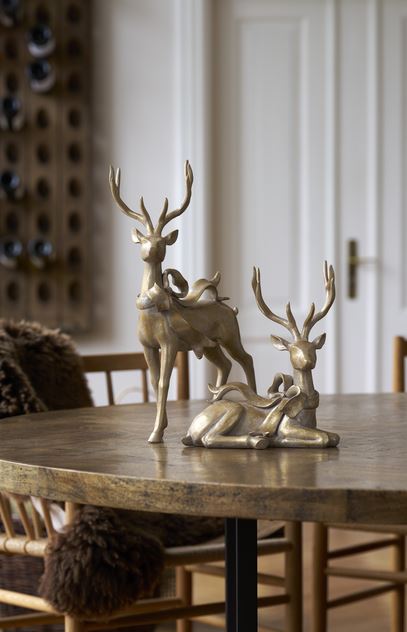 Juldekoration Inomhus Hjort med rosett Liggande Guld 27,5 cm