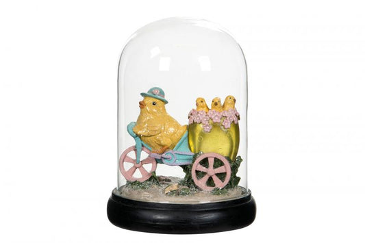 Påskdekoration Kycklingfamilj LED Glasklocka 13x18cm