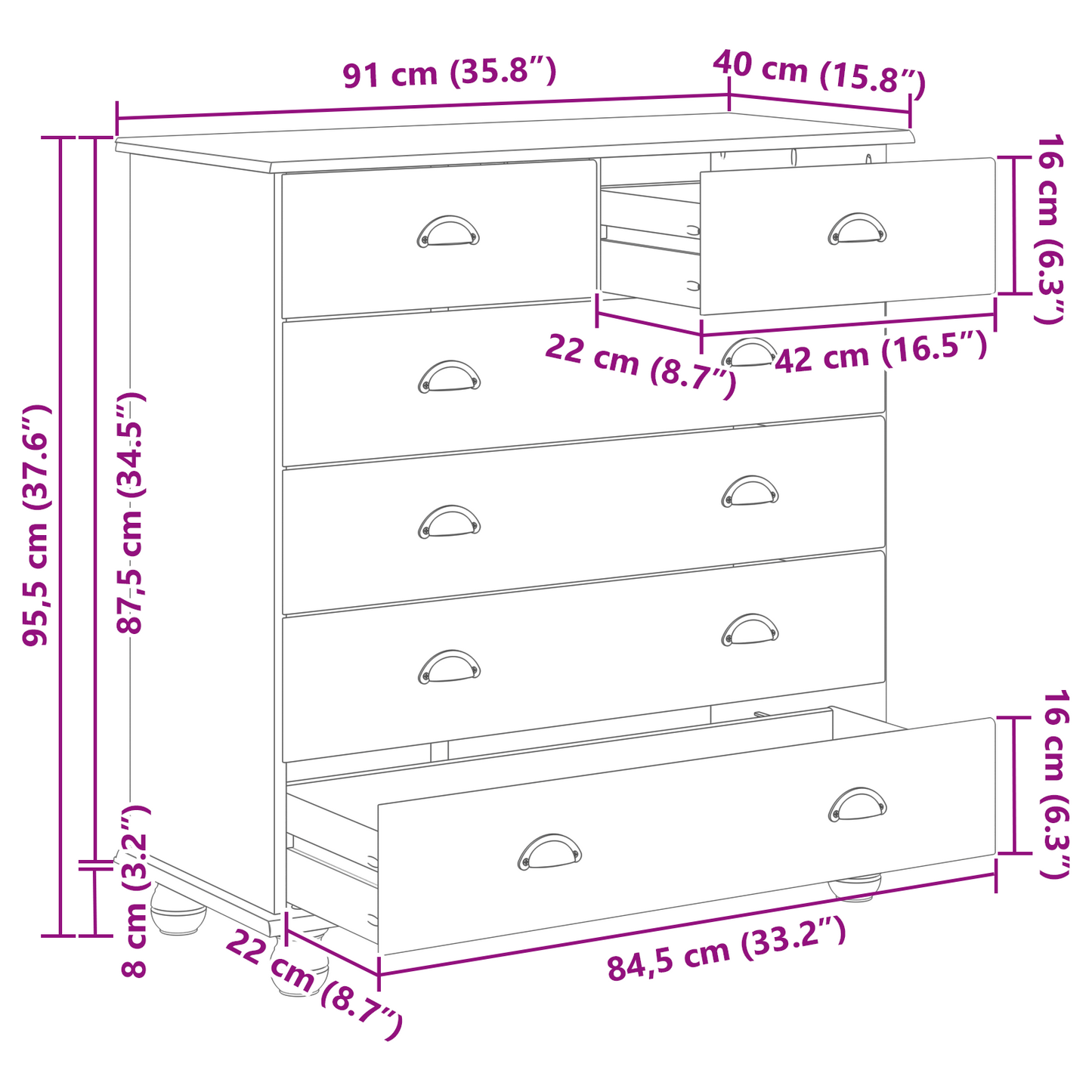 Byrå Vit "ASKIM" 91x40x95,5 cm Massivt Tallträ
